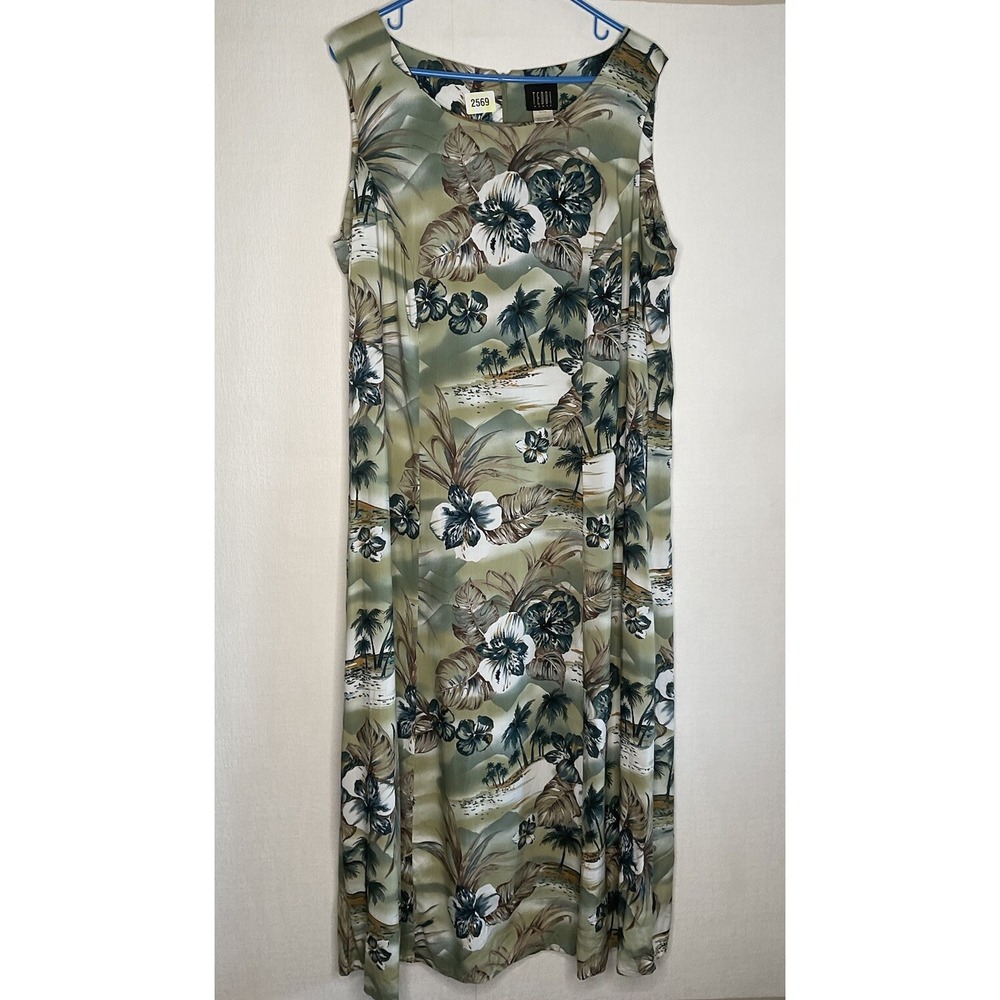Vintage Teddy Dress Sundress Womens 14W Mermaid Green Floral Sleeveless Hawaiian